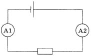 схема элект­рической цепи, состоящей из источни­ка тока, резистора и двух амперметров